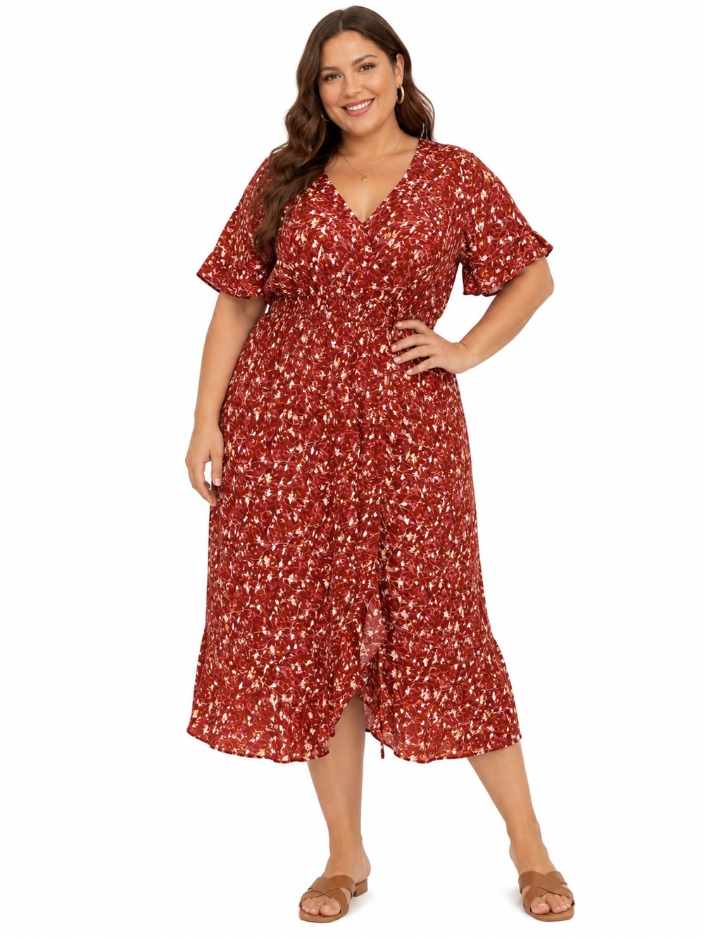 NWT Maurice’s Rust Orange Leaf Floral V-Neck Midi Dress